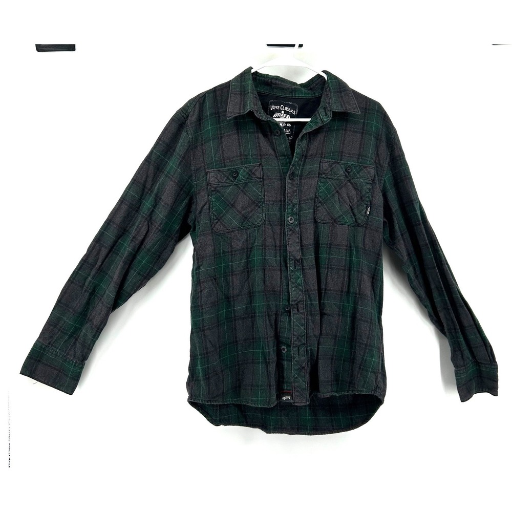 Vans Classics Mens Large Green Grey Plaid Flannel Button Down Shirt Cotton L